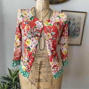 Fashion Instinct Orange Green Colorful Floral Cardigan Gem Button sz XXS‎
